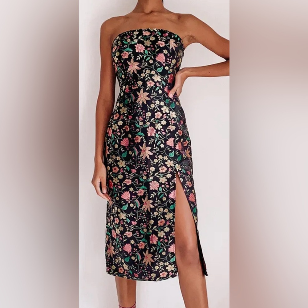 NWT Lulus Make A Move Black Satin Floral Jacquard Strapless Midi Dress Woman XL